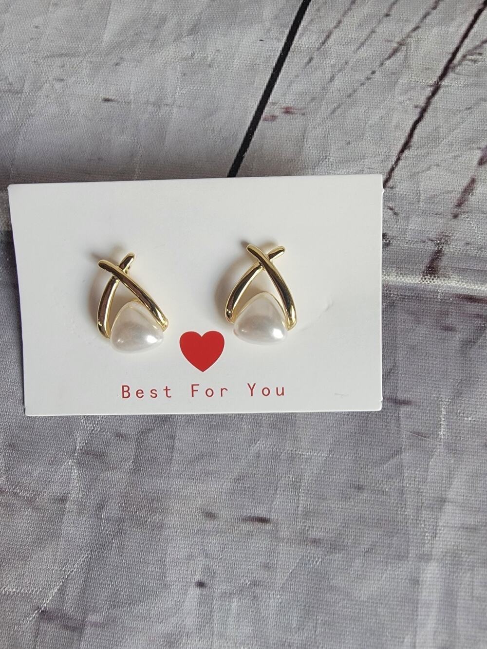 Triangle Faux Pearl Golden Tone Stud Earrings Wedding Jewelry Birthday Gift New